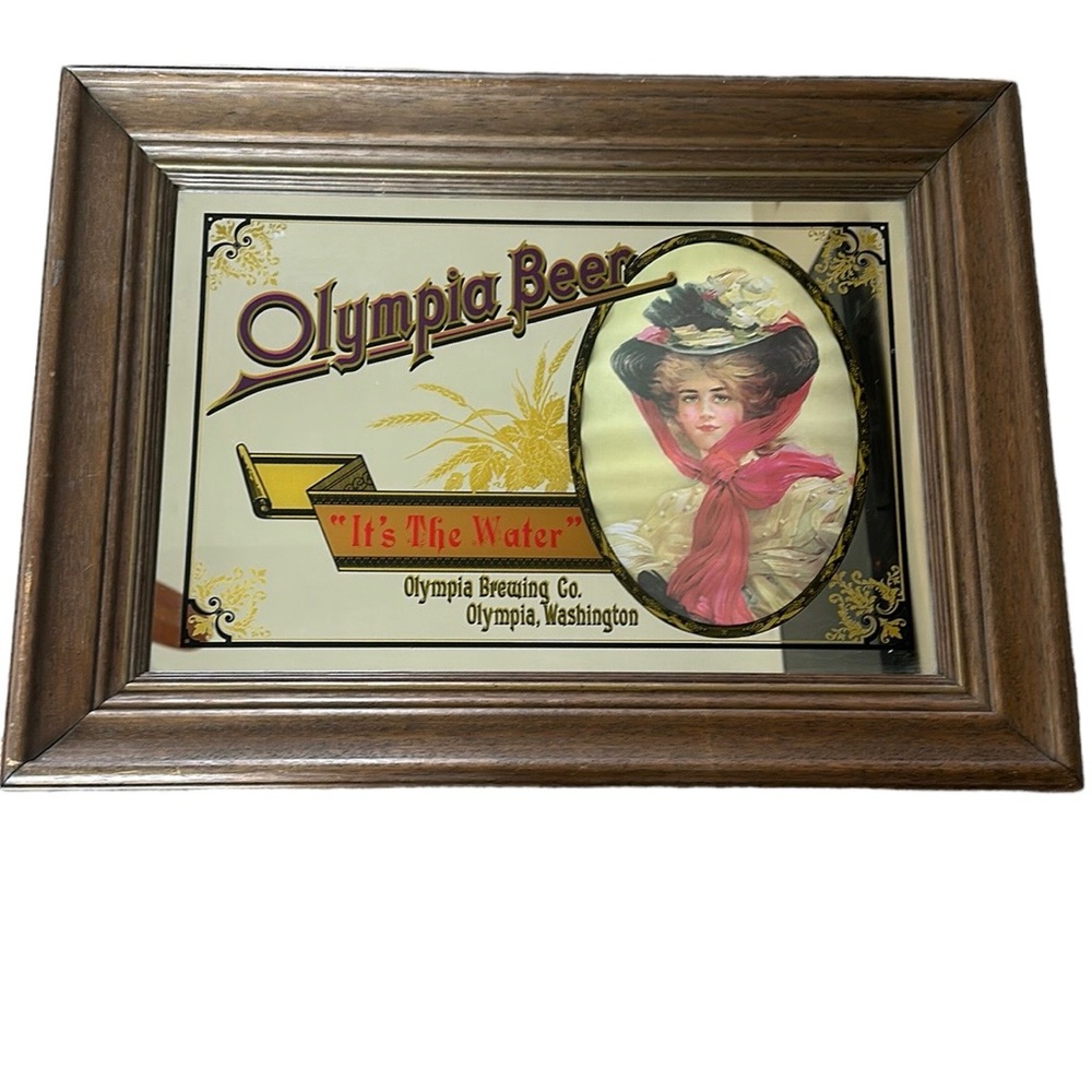 Vintage Olympia Beer Brewing Company "It's The Water" Girl Pub Mirror Framed
